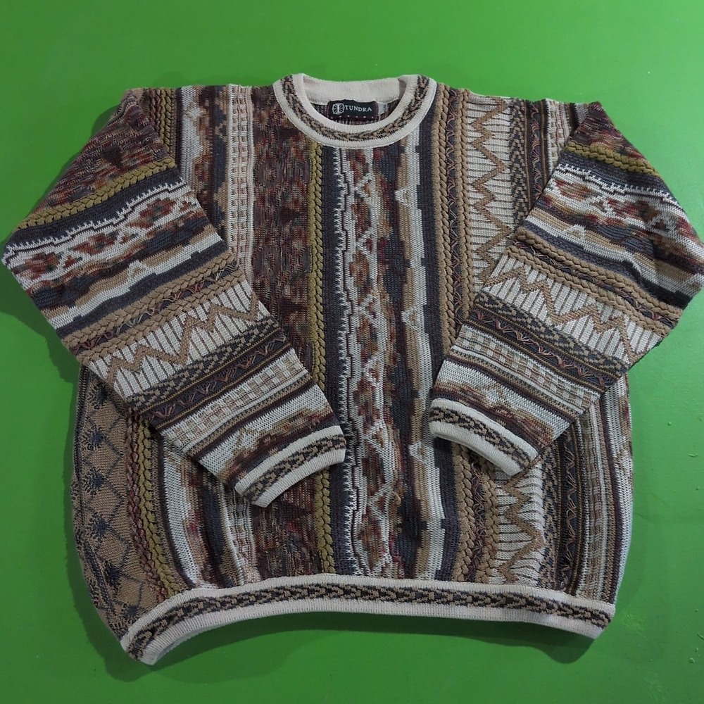Tundra Sweater Mens‎ XL Coogi Style Cable Knit 3D Abstract 90s Fall Tones Multi